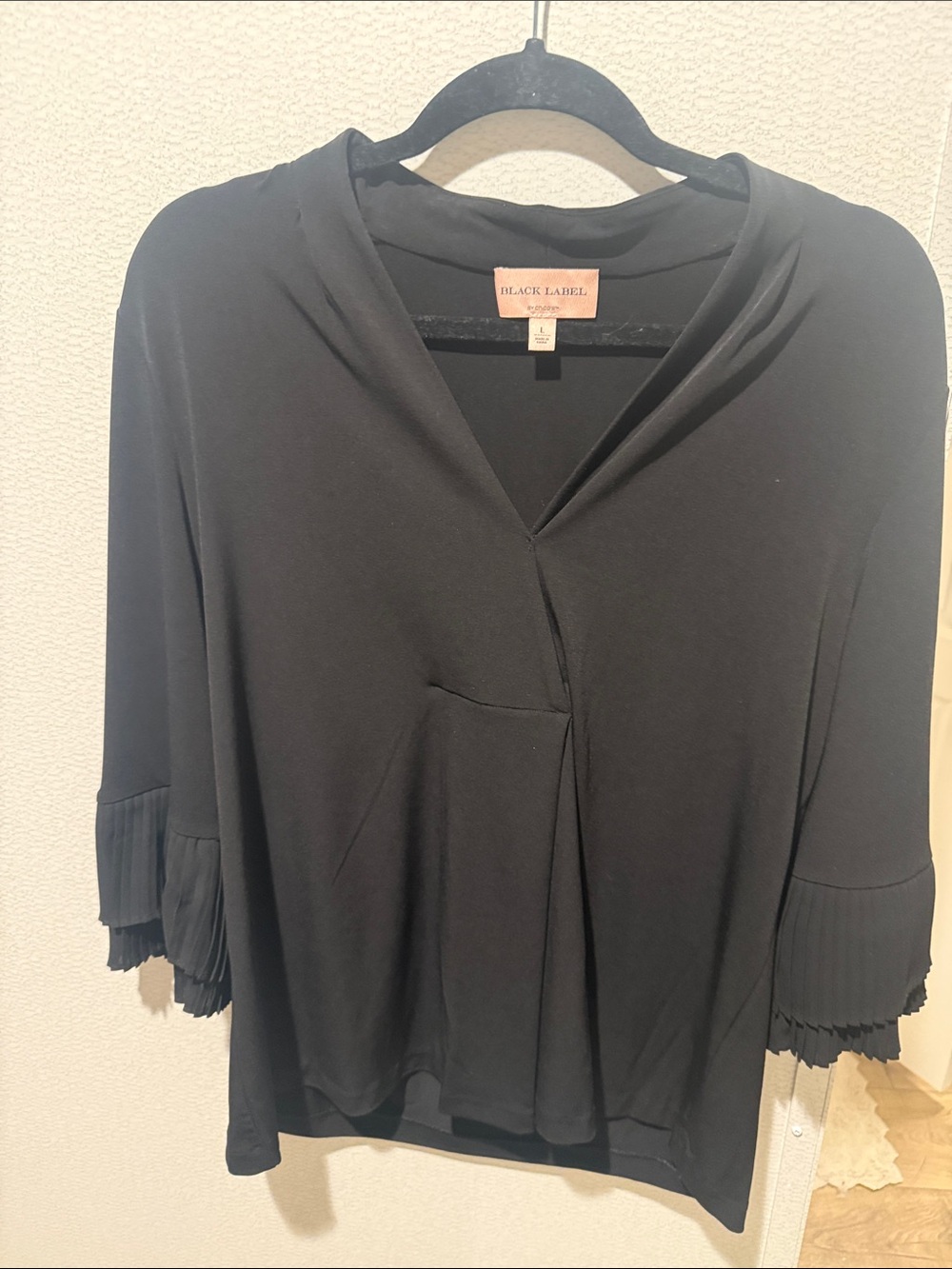 Black Label Black Pleated Cuff V-Neck Blouse